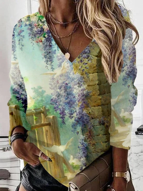 Casual V Neck Floral Sweatshirt