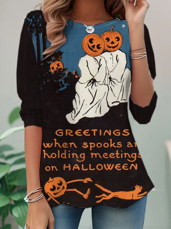 Casual Halloween Crew Neck Long Sleeve T-shirt