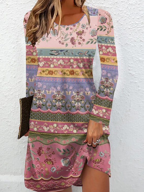 Women Ethnic Crew Neck Long Sleeve Comfy Casual Mini Dress