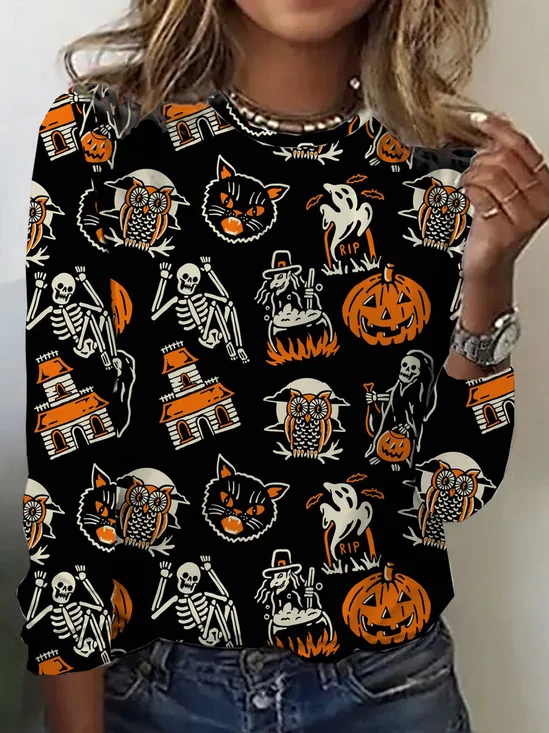 Casual Halloween Crew Neck Long Sleeve T-shirt