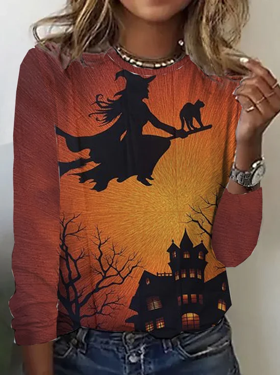 Casual Halloween Crew Neck Long Sleeve T-shirt