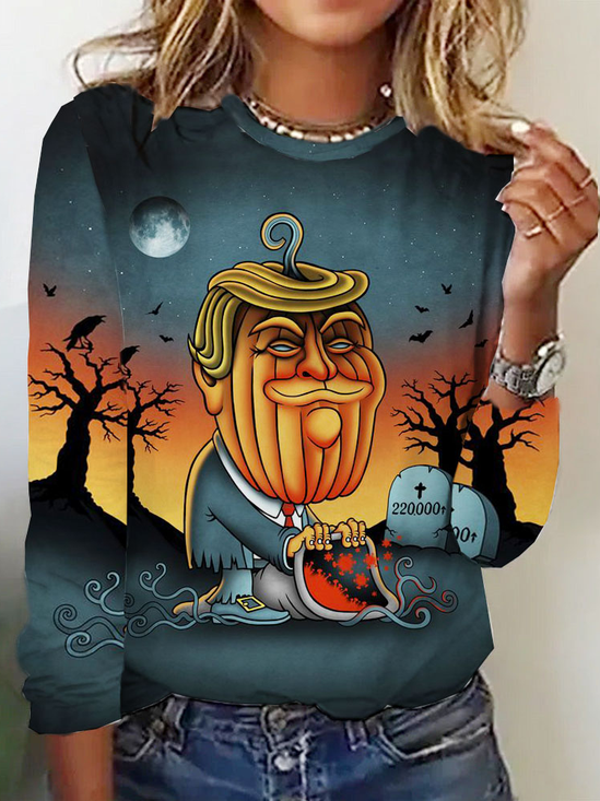 Casual Halloween Crew Neck Long Sleeve T-shirt