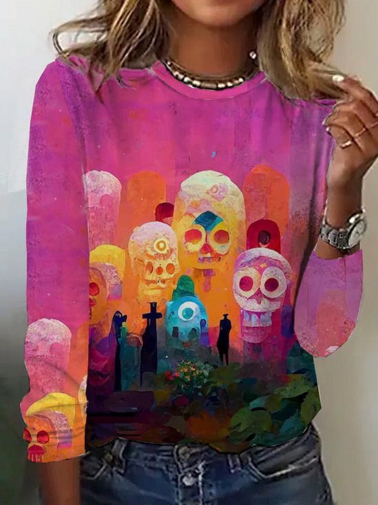 Casual Halloween Crew Neck Long Sleeve T-shirt