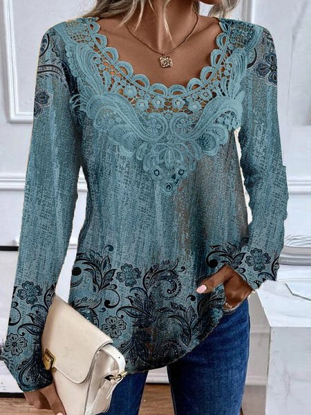 Long Sleeve Floral Lace Regular Loose Blouse For Women