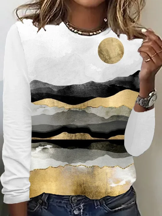 Casual Landscape Painting Crew Neck Long Sleeve T-shirt