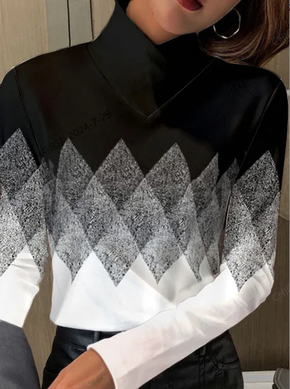 Long Sleeve Geometric Regular Micro-Elasticity Regular Fit Blouse For Women