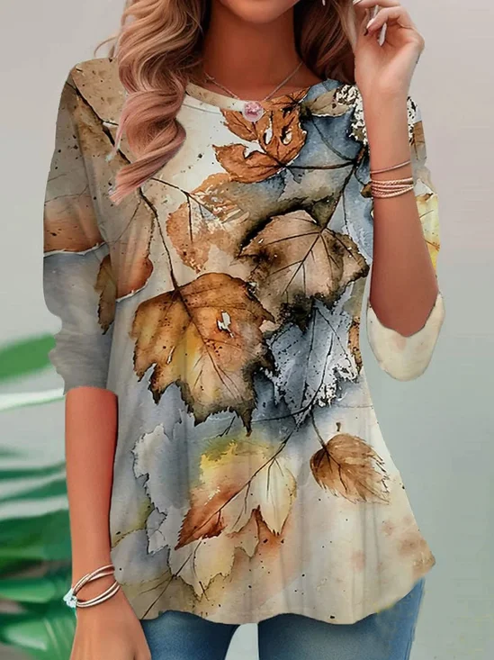 Casual Leaf Crew Neck Long Sleeve T-shirt