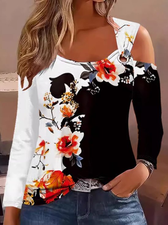 Crew Neck Long Sleeve Floral Regular Micro-Elasticity Regular Fit Blouse For Women