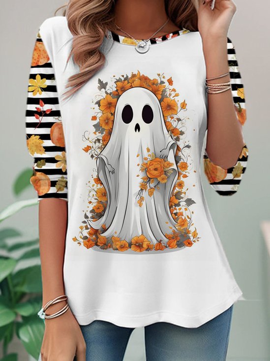 Halloween Cute Ghost Casual Striped Crew Neck Long Sleeve T-shirt