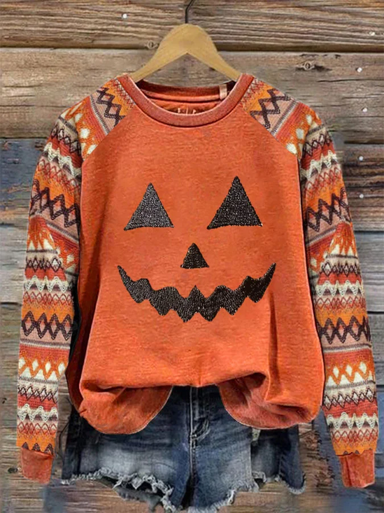 Halloween Pumpkin Printing Sweatshirt Vintage Ethnic Crew Neck Comfy Cotton Top