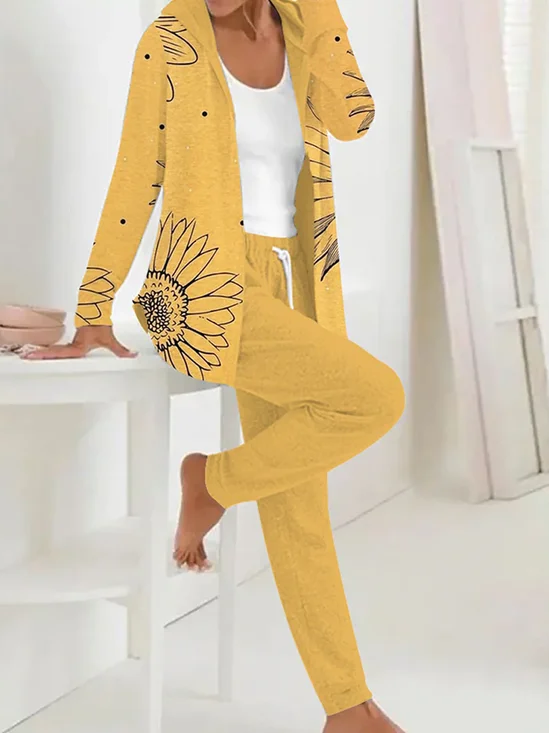 Women Floral Hoodie Long Sleeve Comfy Casual Coat With Pants Two-Piece Set