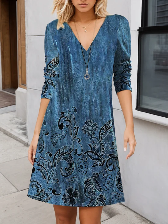 Women Floral V Neck Long Sleeve Comfy Vintage Printing Midi Dress