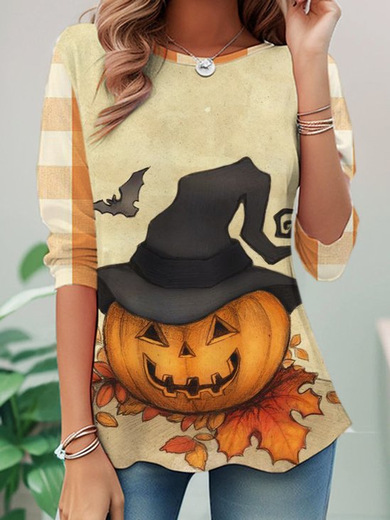 Casual Halloween Pumpkins Print Crew Neck Long Sleeve T-shirt