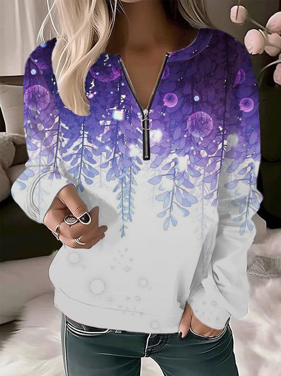 Casual Crew Neck Floral Sweatshirt Zipper