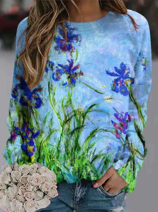 Casual Crew Neck Floral Sweatshirt