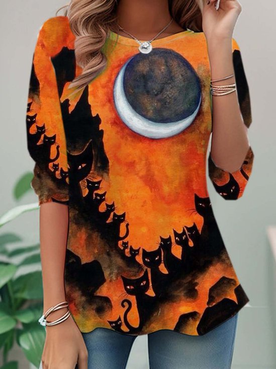 Casual Halloween Crew Neck Long Sleeve T-shirt