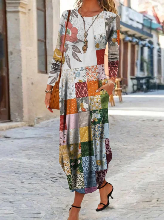 Women Floral Crew Neck Long Sleeve Comfy Casual Maxi Dress