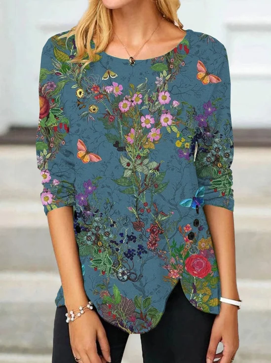 Notched Long Sleeve Floral Regular Micro-Elasticity Loose Blouse For Women