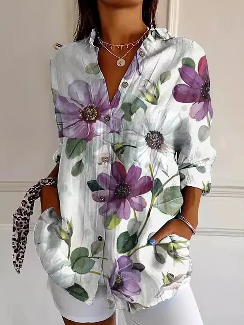 Shirt Collar Long Sleeve Floral Regular Loose Shirt For Women