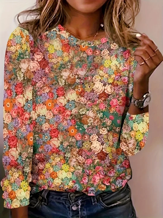 Casual Floral Crew Neck Long Sleeve T-shirt