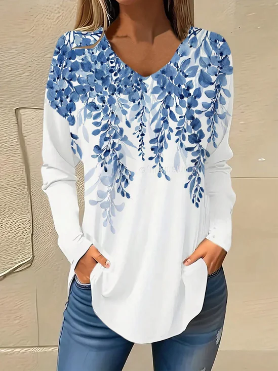 V Neck Long Sleeve Floral Regular Micro-Elasticity Loose Blouse For Women