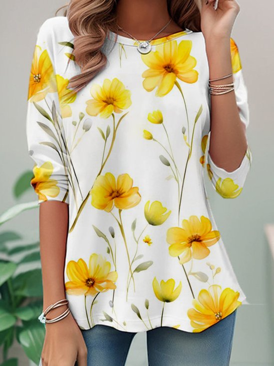 Casual Floral Crew Neck Long Sleeve T-shirt