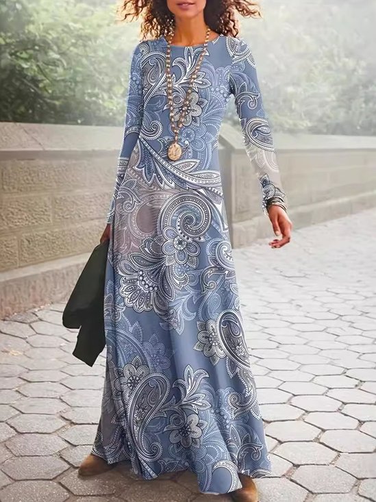 Women Ethnic Crew Neck Long Sleeve Comfy Casual Maxi Dress