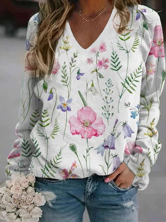 Casual V Neck Floral Sweatshirt