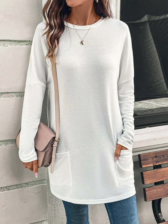 Crew Neck Long Sleeve Plain Regular Micro-Elasticity Loose Blouse For Women