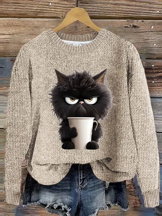 Women Knitted Cat Long Sleeve Comfy Casual Sweater