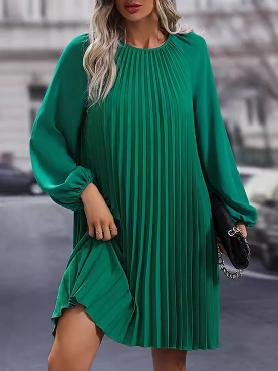 Women Plain Crew Neck Long Sleeve Comfy Casual Lace Midi Dress