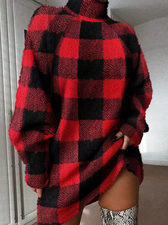 Women Plaid V Neck Long Sleeve Comfy Casual Midi Dress