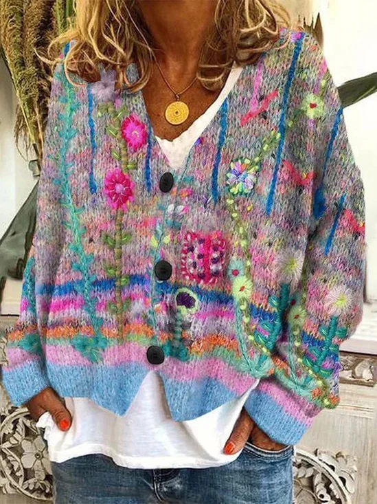 Women Yarn/Wool Yarn Floral Long Sleeve Comfy Casual Cardigan