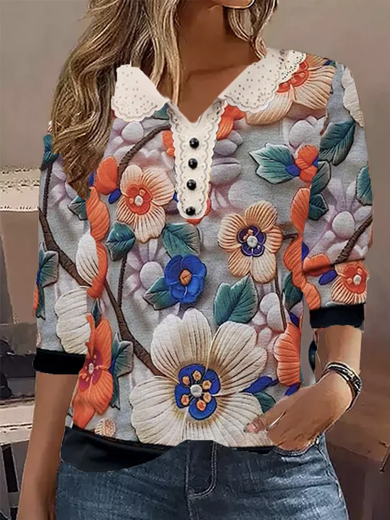 Long Sleeve Floral Regular Micro-Elasticity Loose Blouse For Women