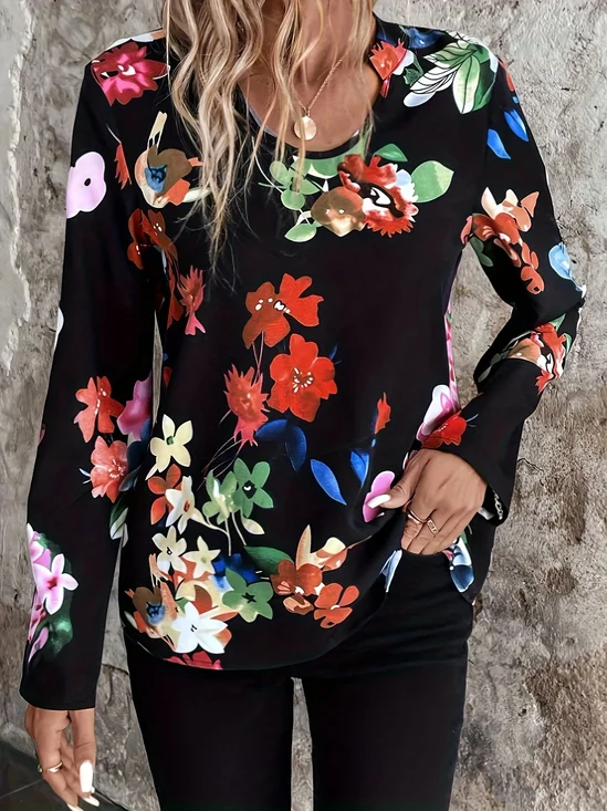 Long Sleeve Floral Regular Micro-Elasticity Loose Blouse For Women