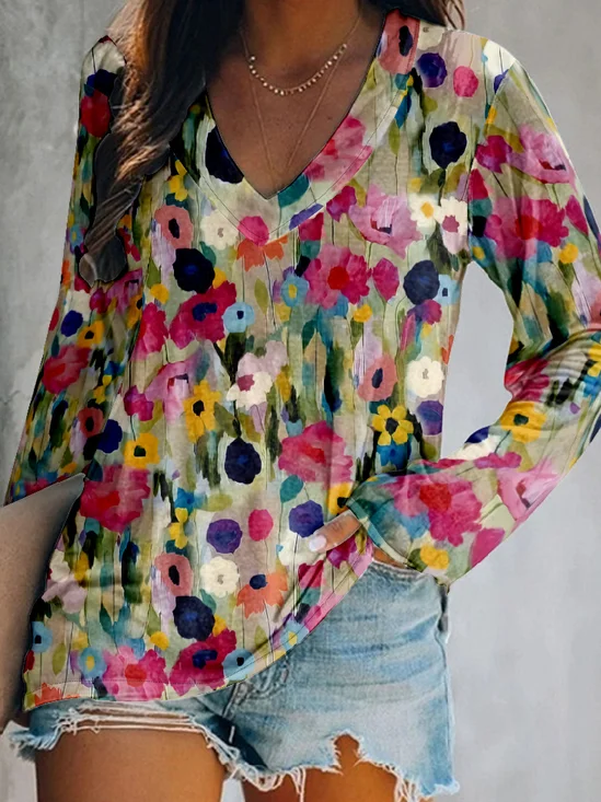 V Neck Long Sleeve Floral Regular Micro-Elasticity Loose Blouse For Women