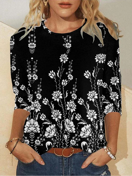 Casual Floral Crew Neck Long Sleeve T-shirt