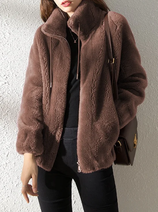 Women Fashion Coat Fleece Faux Splicing Outerwear Zipper Jackets