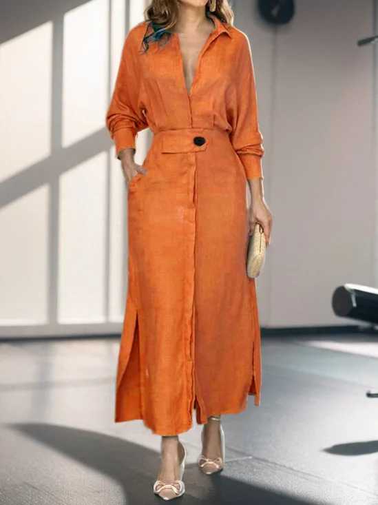 Women Plain Shawl Collar Long Sleeve Comfy Casual Maxi Dress