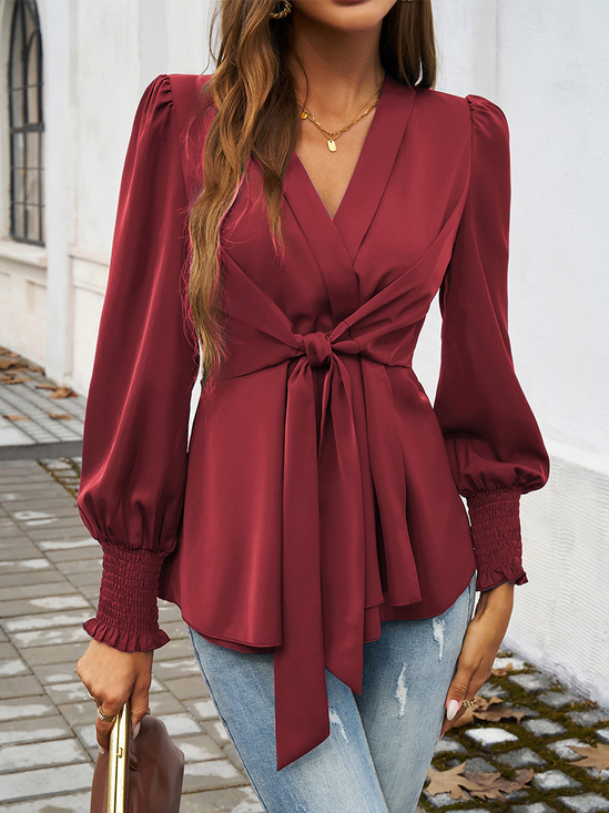 V Neck Long Sleeve Plain Regular Micro-Elasticity Loose Blouse For Women