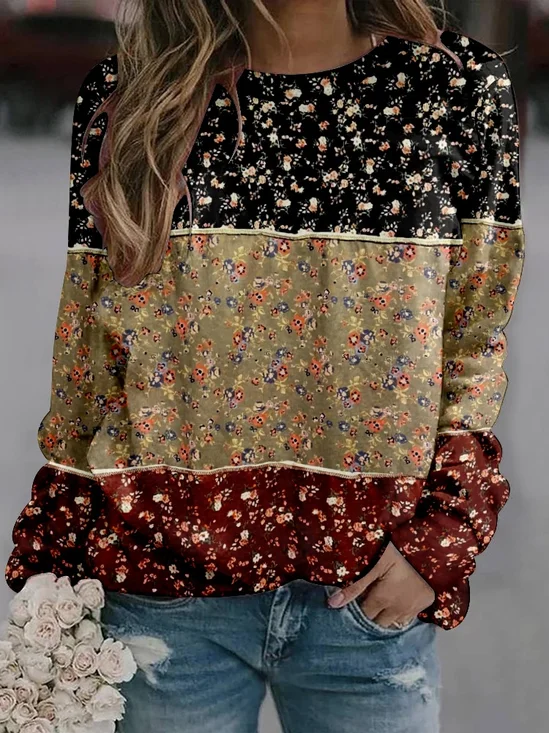 Casual Crew Neck Floral Sweatshirt Zipper