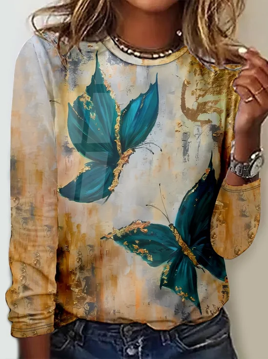 Casual Butterfly Crew Neck Long Sleeve T-shirt