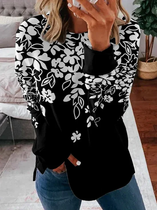 Casual Crew Neck Floral Sweatshirt