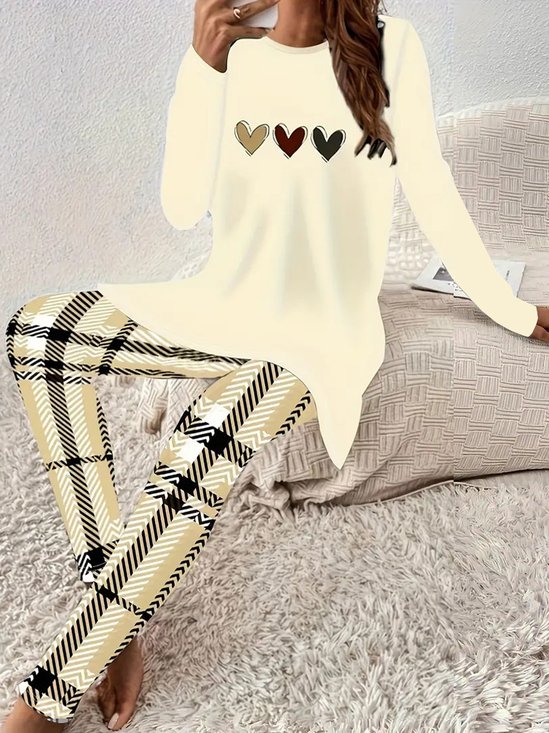 Women Plaid Two-Piece Set Daily Long Sleeve Casual Spring/Fall Top With Pants Matching Set