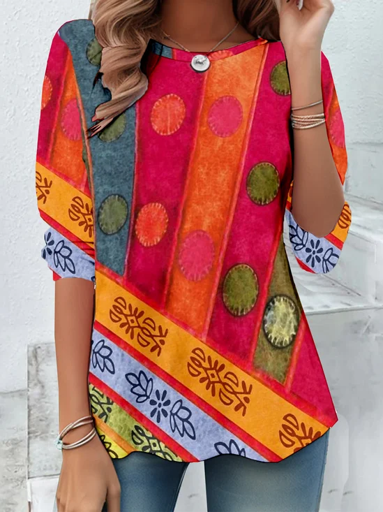 Vintage Multicolor Block Crew Neck Long Sleeve T-shirt