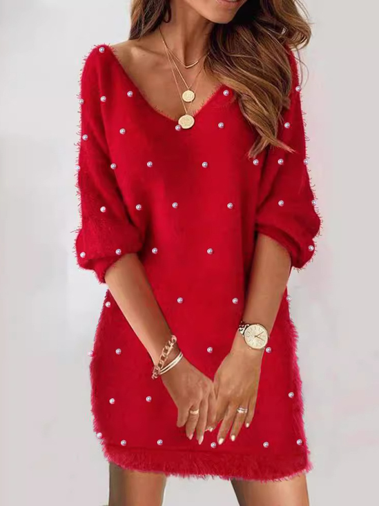 Women Plain V Neck Long Sleeve Comfy Casual Midi Dress