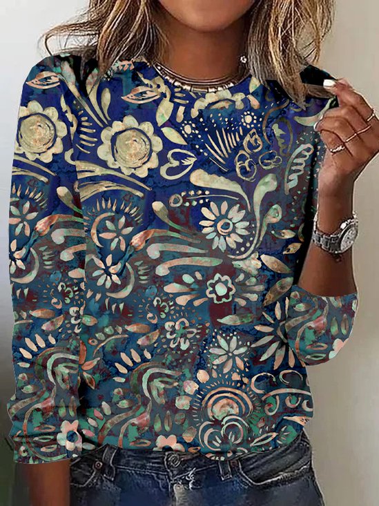 Vintage Floral Crew Neck Long Sleeve T-shirt