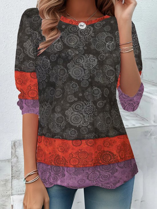 Vintage Color Block Crew Neck Long Sleeve T-shirt