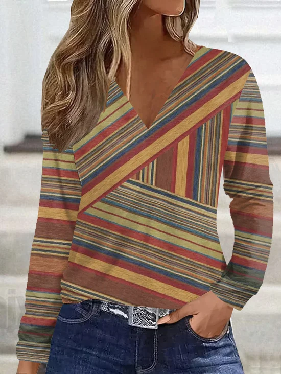 Vintage Multicolor Block V Neck Long Sleeve T-shirt