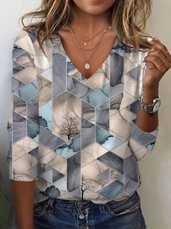 Casual Geometric V Neck Long Sleeve T-shirt